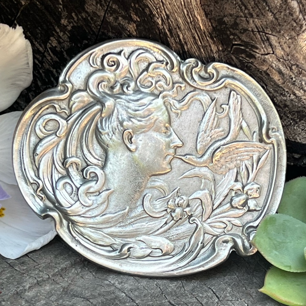 Vintage Art Nouveau Lady & Bird Brooch  – 3”x2.5”